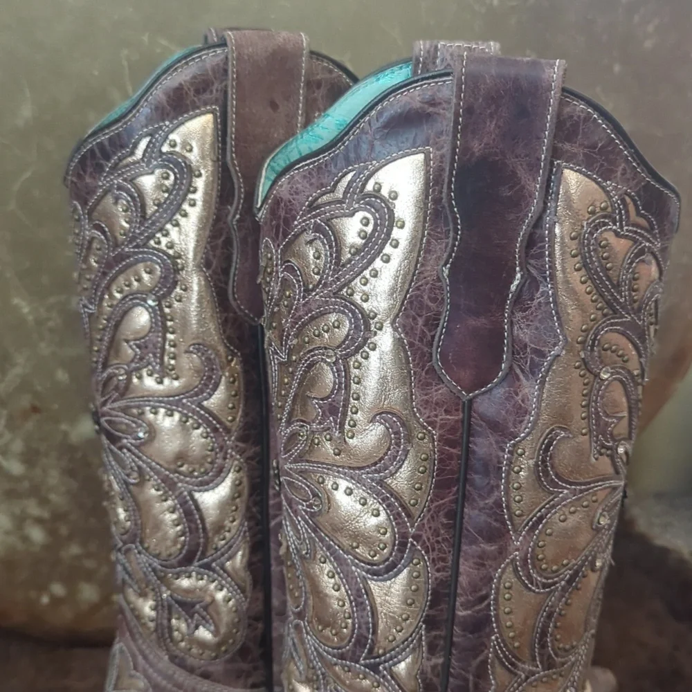 CORRAL E1594 distressed brown leather snip toe cowgirl boots metallic inlay sz 8 - Picture 13 of 16